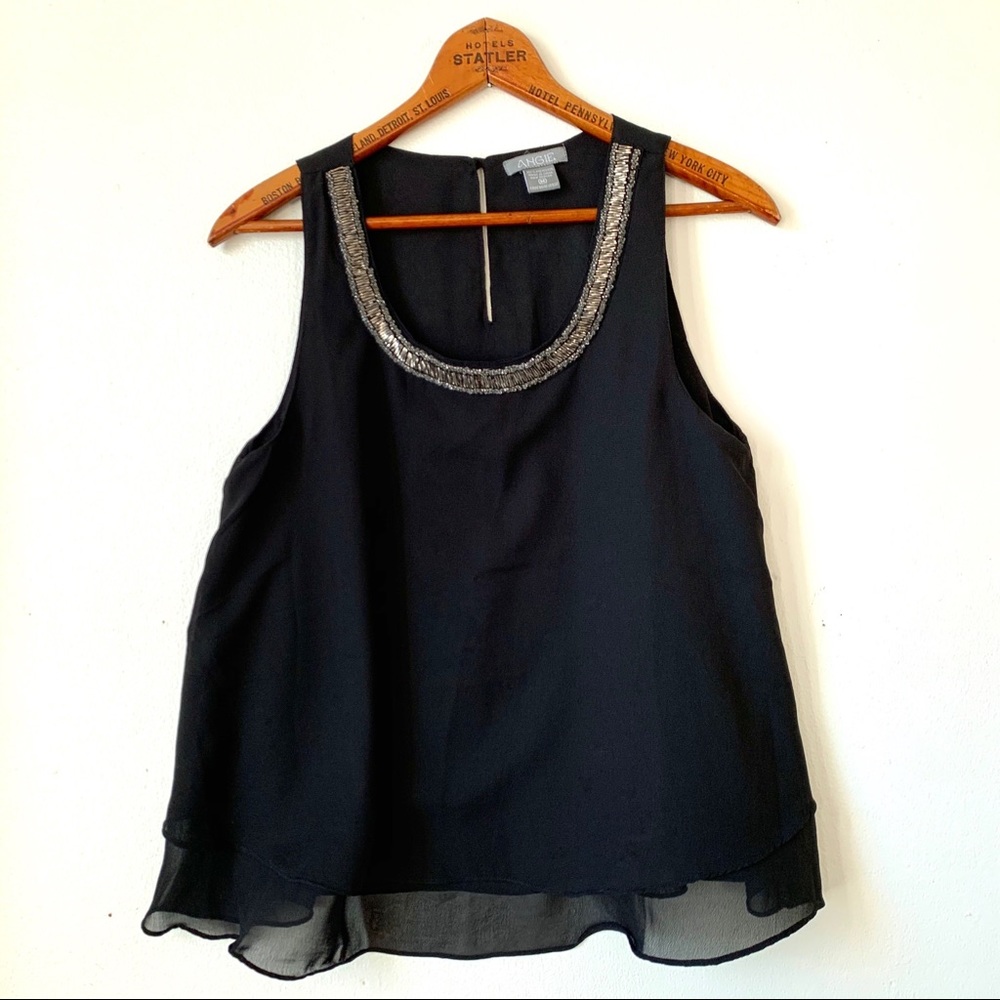 Angie | Black Chiffon Sleeveless Beaded Top | SZ M